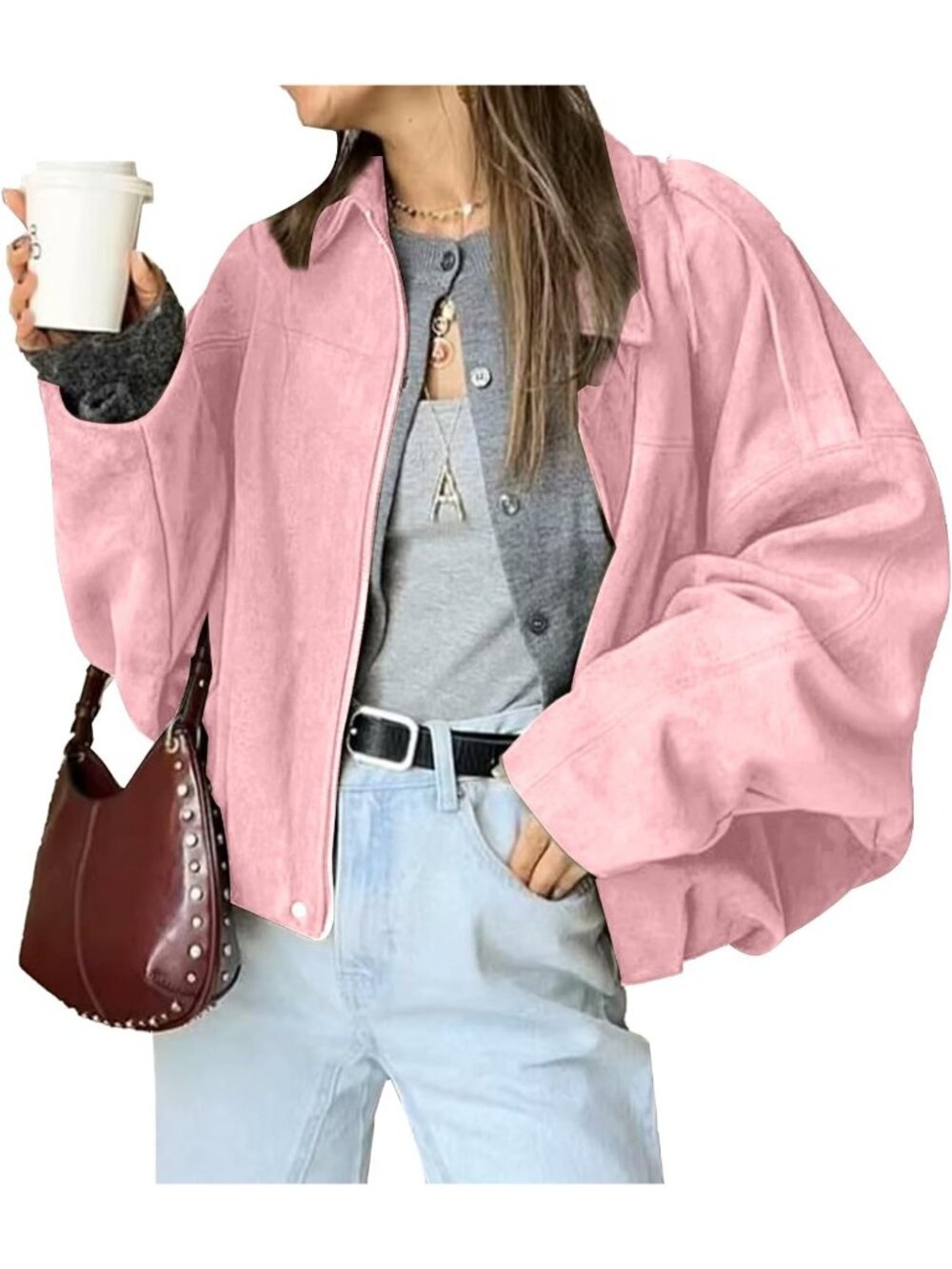 Women's Pink Oversized Faux Suede Collared Hidden Zipper Pilot Bomber Jacket